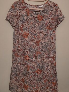 J Jill Ladies Size Medium Floral Paisley Short Sleeve Shift Dress Orange Pink